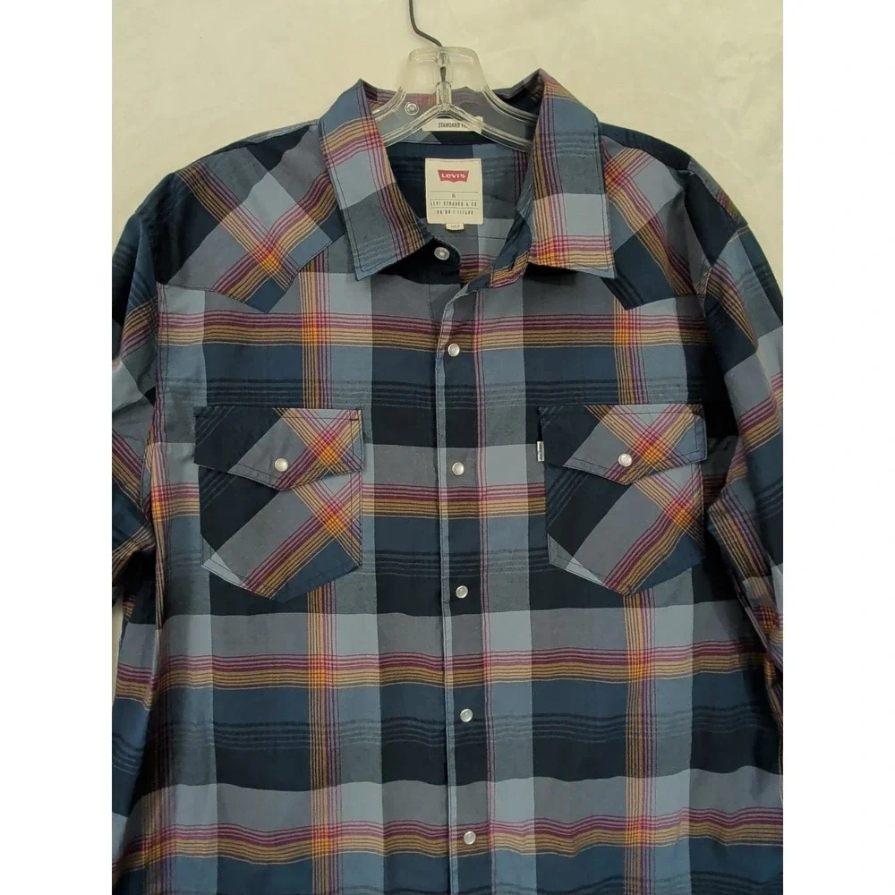 Levi Pearl Snap‎ Long Sleeve Shirt Mens XL Blue Plaid Western Rodeo Landman